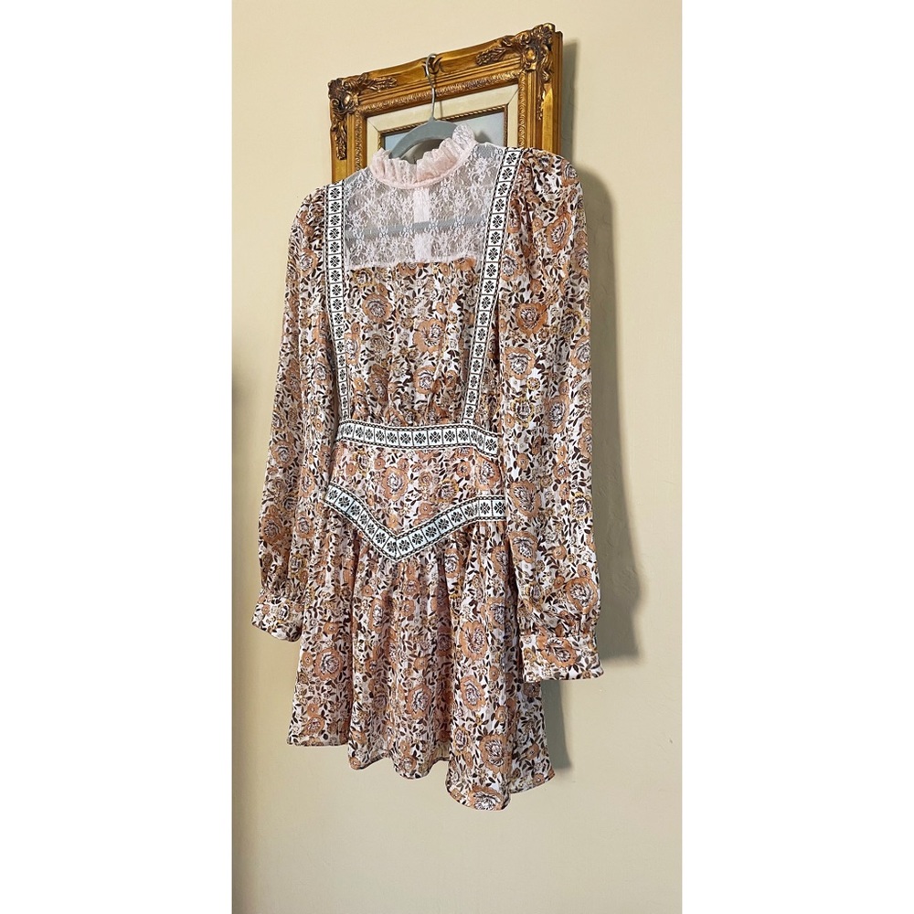 SHEIN Mini Floral Printed High Neck Ruffle Lace Trim Long Sleeve Mini Dress XS 2 - Picture 9 of 16